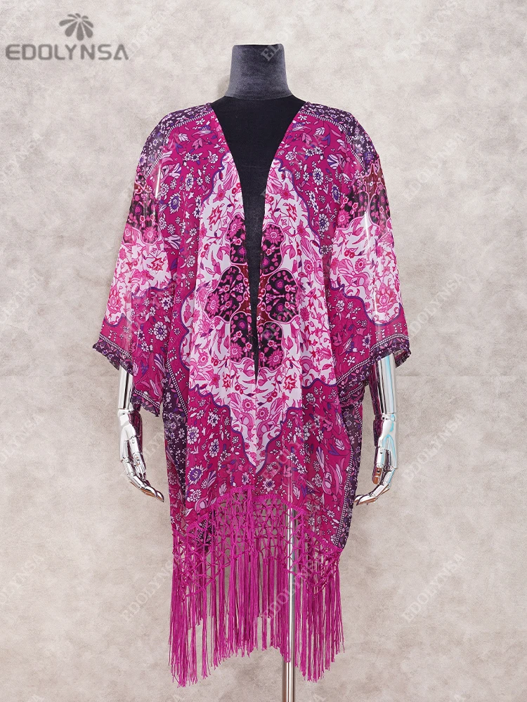 s Beach Cover up Floral Romantic Swimwear Ladies Pareo Beach Cape Purple Tassel Dress Chiffon Swimwear #Q149