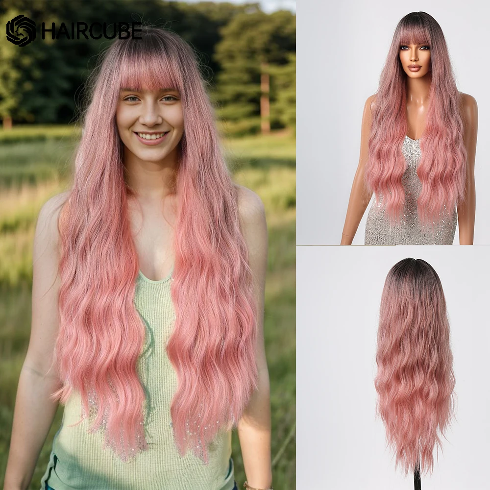 

HAIRCUBE Long Wavy Pink Ombre Synthetic Wig with Bangs Natural Hairline Wig for Women Cosplay Daily Party Heat Resistant Hair