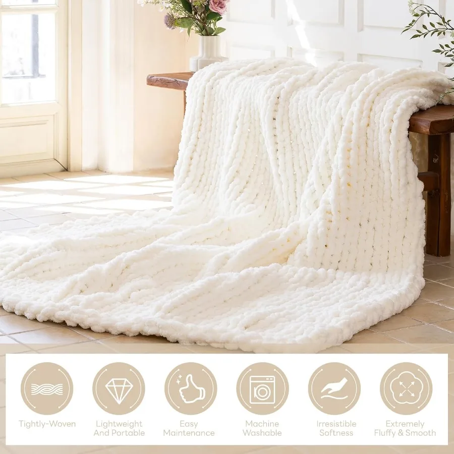 Luxury Soft Cozy Extra Large Chunky Knit Throw Blanket in Milk White 80 x 90 Inches 100 Woven Rope Knot Design for Couch Sofa H