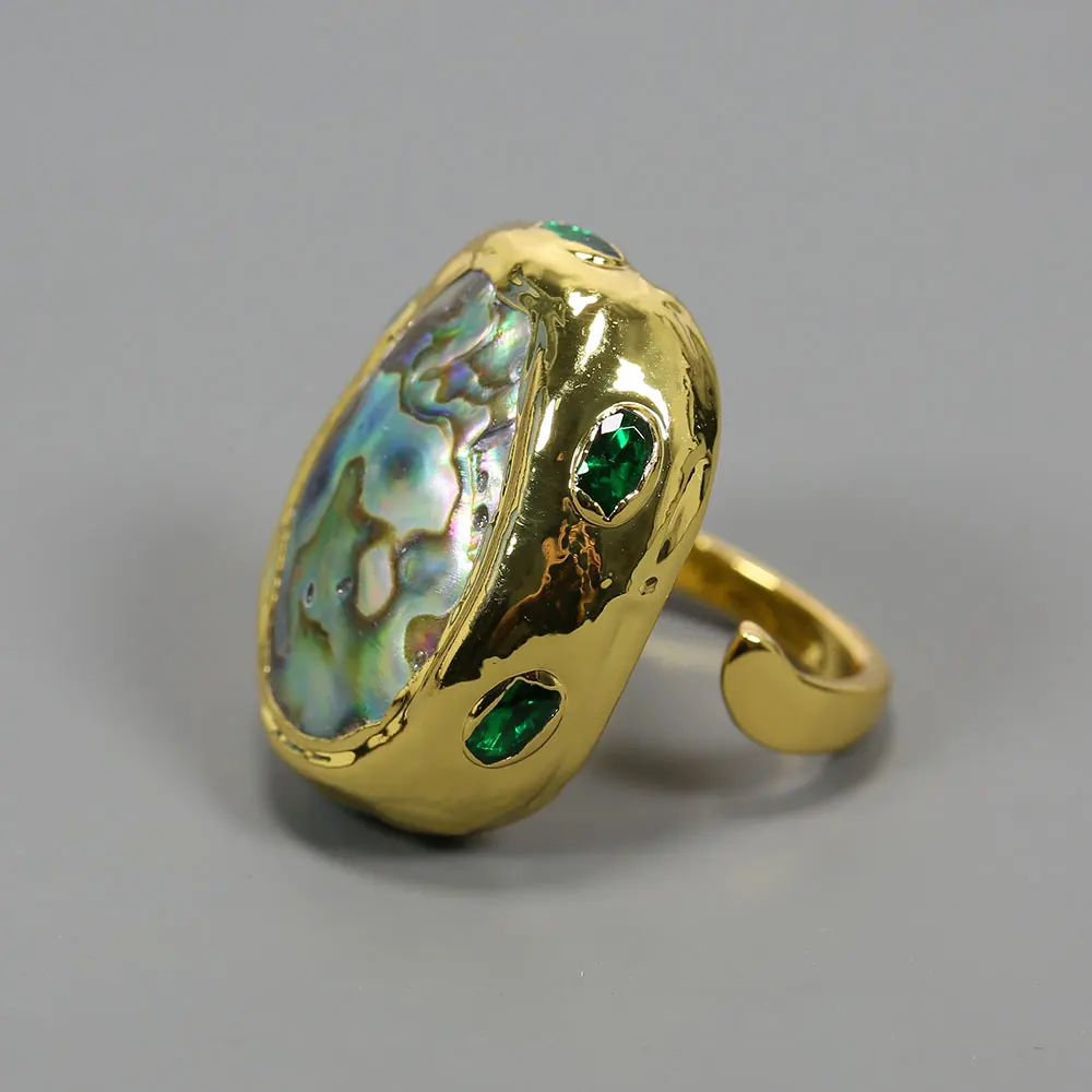 GuaiGuai Jewelry Real Multi Color Pupa Abalone Shell Green Crystal Rough 24K Yellow Gold Plated Ring Handmade Lady Party Jewelry