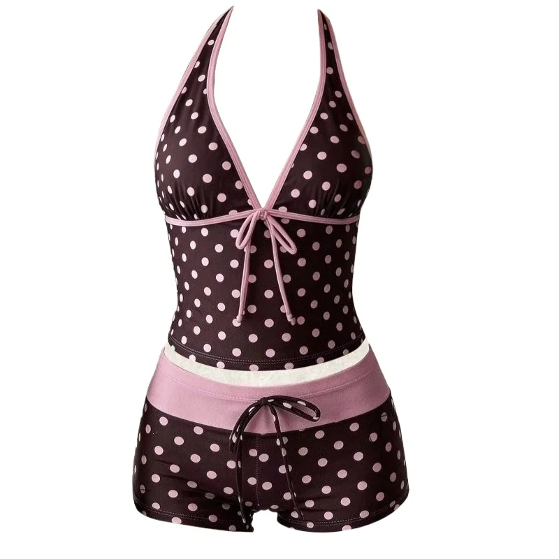 Women Swimwears Polka Dot 2-Piece Tankini Set Halter V