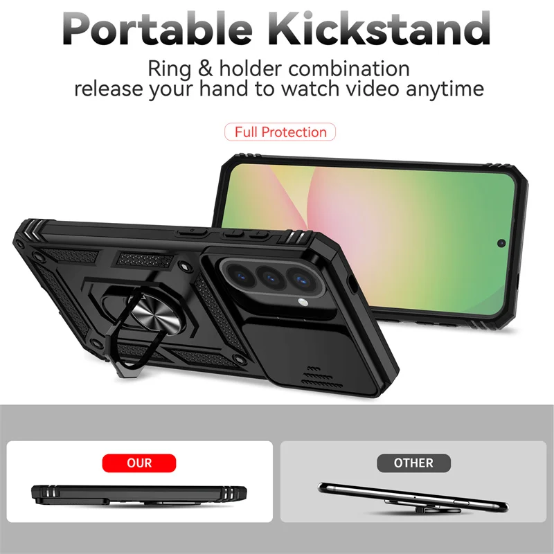 Slide Lens Camera Armor Phone Case with Car Magnetic Ring Holder and Back Cover