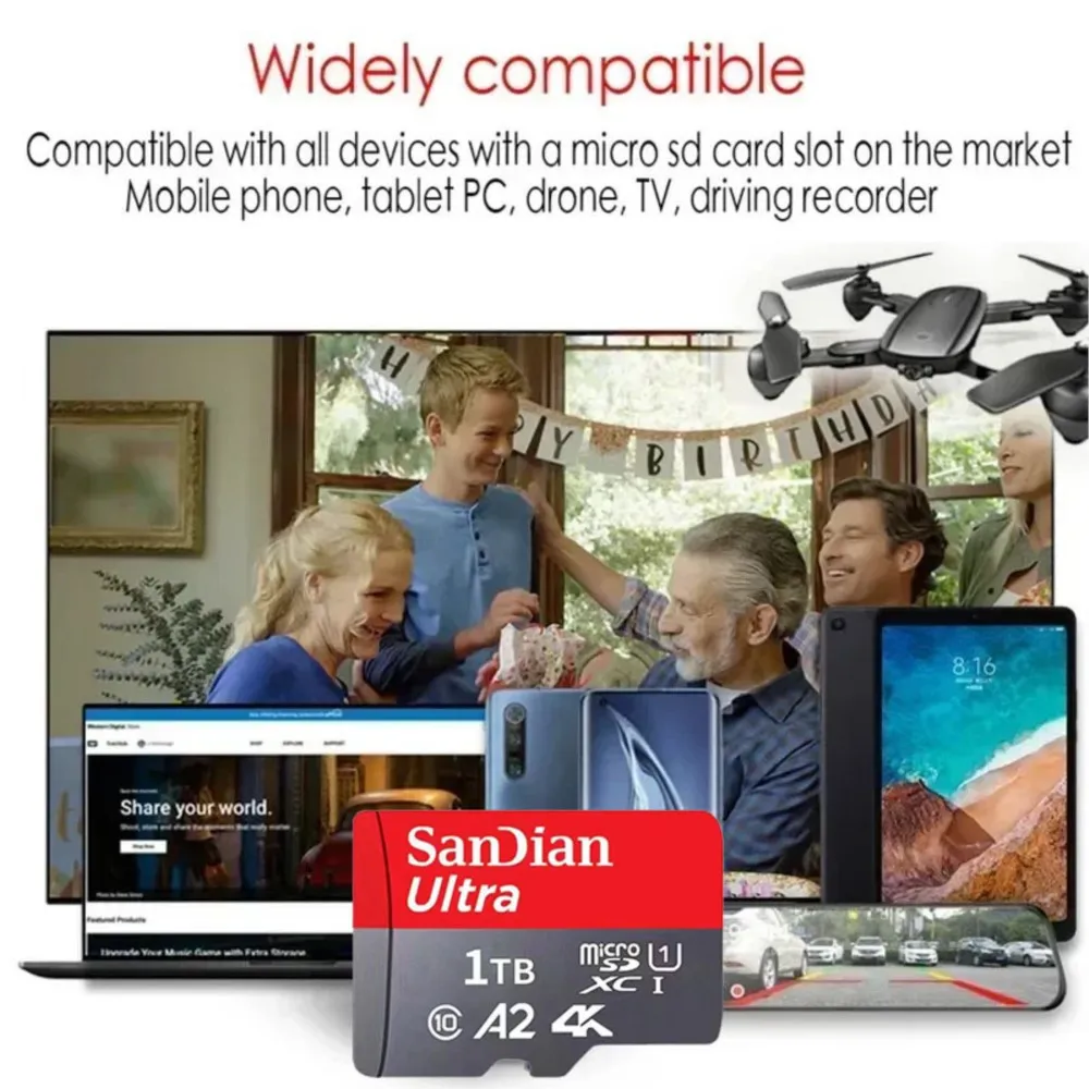 SAN DIAN 고속 마이크로 TF 미니 SD 카드 메모리 플래시 카드, 컴퓨터 카메라 드론용, 1TB, 2TB, 