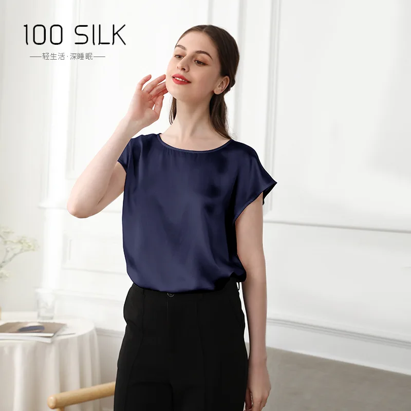 

100% mulberry silk T-shirt ladies round neck pullover loose 19MM silk women short sleeves