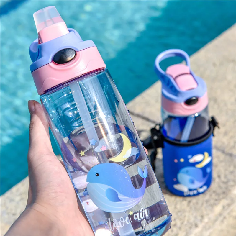 Kids Water Bottle Straw Toddler Water Drinking Bottle Portable Sport Kettle  With Carrying Loop Children Water Cup Leak Proof Sports Drinking Sippy Cup