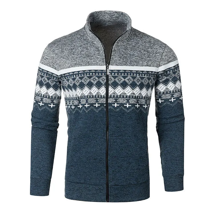 Men Fashion Casual Knitted Cardigan Zipper Warm Pullover Retro Jacquard Slim Collar Sweater Coat Street Men's Wear S-3XL 3