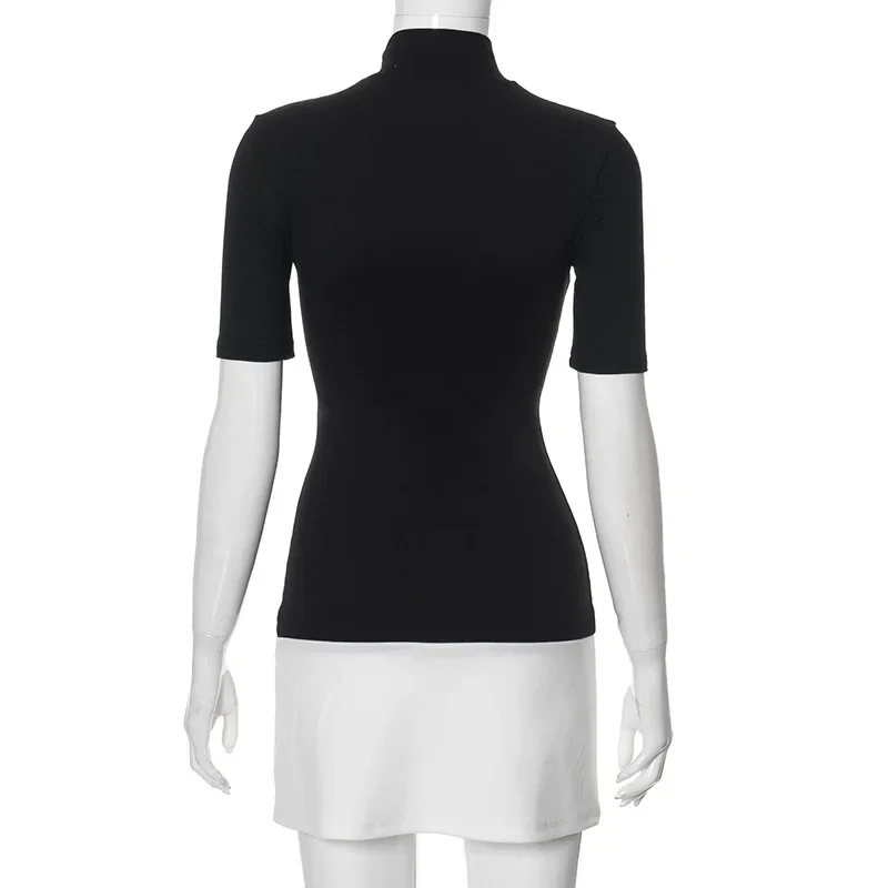 2025 New Spring Summer Turtleneck Half Sleeve Mini Dresses French Style Fashion Elegant Black And White Patchwork Bodycon Dress 6