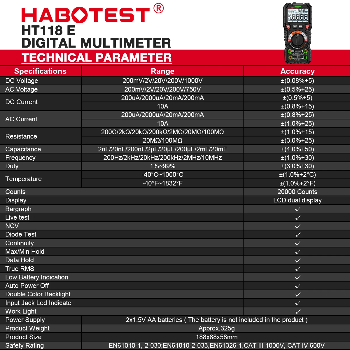 HABOTEST HT118E Digital Multimeter 20000 Counts True Rms NCV HZ Multimeters Transistor Tester Voltimetro Capacitance Meter 3