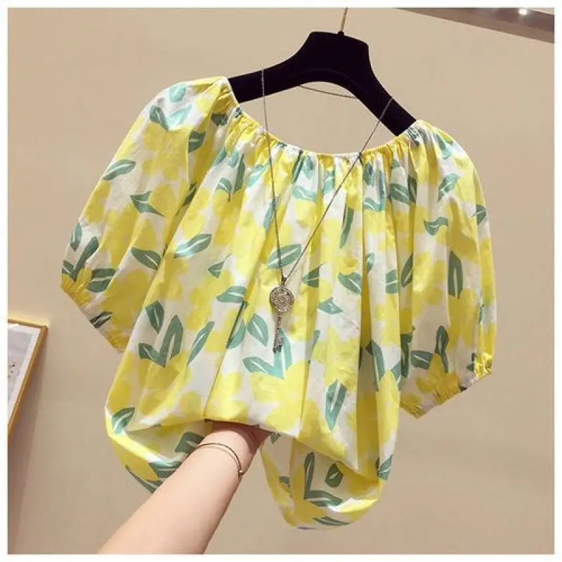 2024 Summer Sweet and Age Reducing Print Loose Casual Fashion Versatile Short Sleeved Sweet Cool One Shoulder Shirt for Women