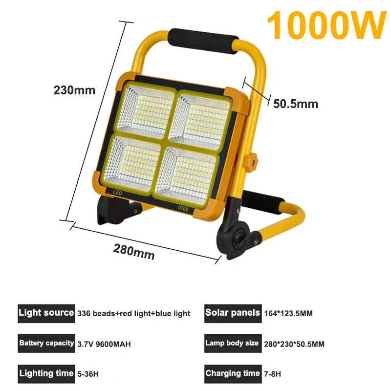 

Solar Flood Light 1000W Portable Lanterns LED Reflector Spotlight Rechargeable Projector Floodlight Emergent Solar Camping Tents