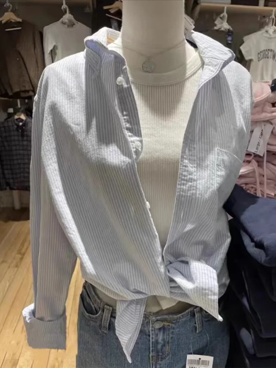 Blue Striped Blouse Shorts Set Woman Lapel Pocket Loose Shirt Drawstring Buttons Straight Short Pants Casual 2 Pieces Set Outfit 4