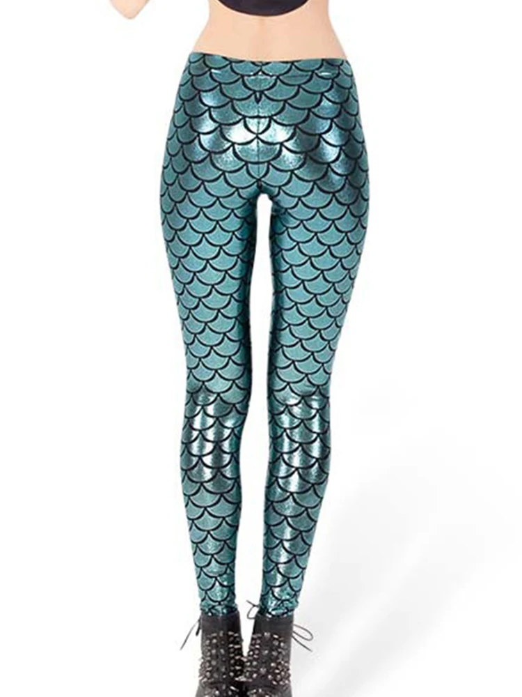 CUHAKCI Women Fish Scale Print Mermaid Leggings Push Up Stretch Shiny Pants  Casual Trousers
