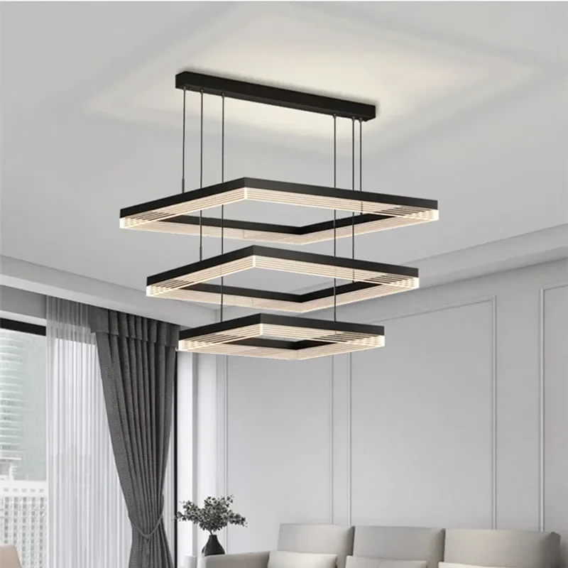 Modern Minimalism Square Led Pendant Lights Dimmable Living Room Chandelier Lighting Home Lustre Bedroom Hanging Lamp Fixtures