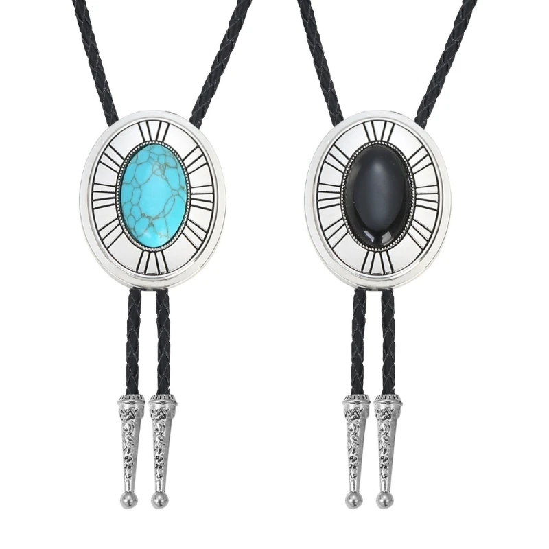 

Leather Bolo Tie Necktie Handmade Vintage Antique Stone Jewelry Cowboy Pendant Artificial Leather Rope Western Necklace