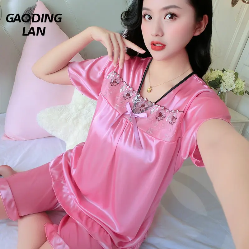 

Summer Women Short Sleeve Lace V Neck Pajamas Set Large Size Home Clothes Imitation Silk Nightwear Pants Sleepwear Suit Female