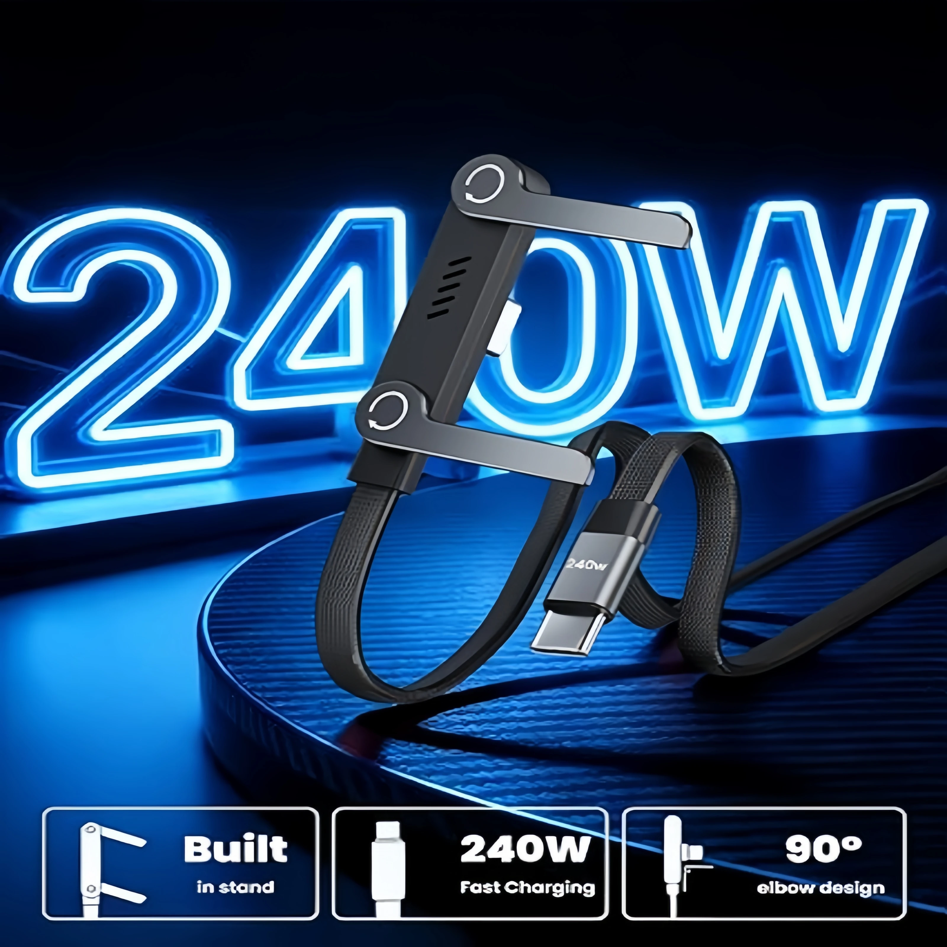 kubie 240W 브래킷 데이터 케이블, 고속 충전, iPhone과 호환 가능, 접이식 모바일용 Huawei Oneplu 게임 엘보 충전 케이블