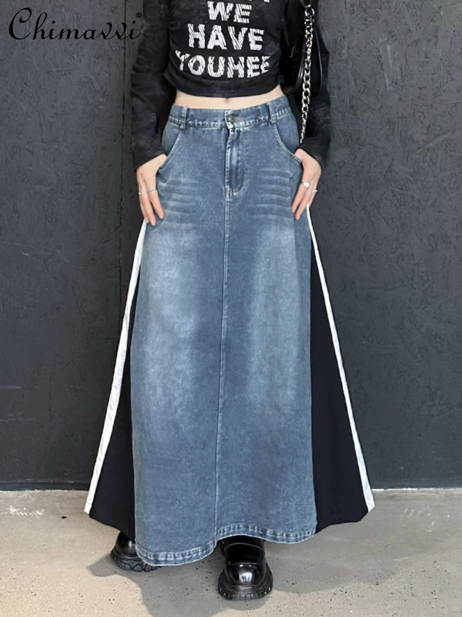 

Retro Washed Worn Stitching Denim Skirt for Women 2024 Summer Clothes New Fashion Loose Slim-fit Mid-Length Ladies Casual Skirts