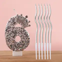 Elegant Black and Silver Glitter Number Birthday Candle Cake Topper with Spiral Accent Candles (Wood)