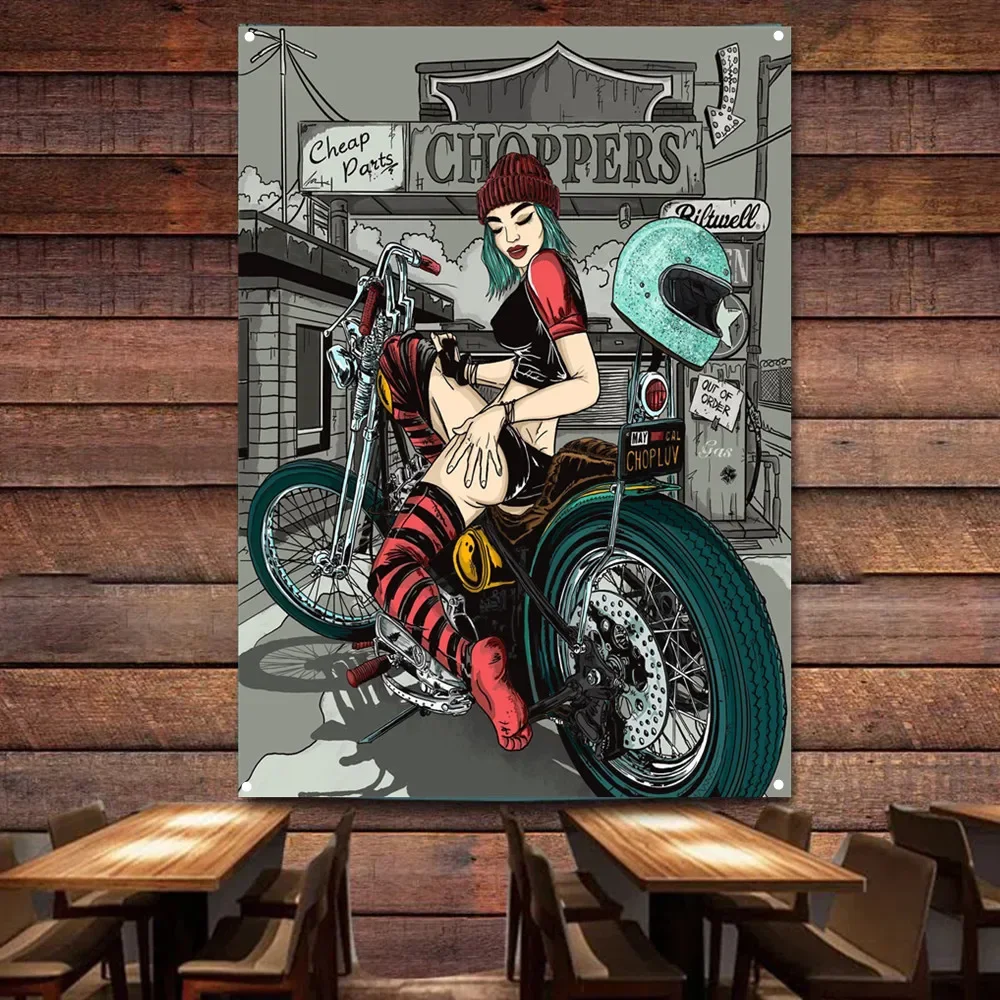 Seksowna Dziewczyna Motocyklowy Motocyklista Plakat Na Ścianę Wiszący Banner Stacja Benzynowa Dekoracja Ścienna Z Flagą Do Malowania Samochodów Do Gar