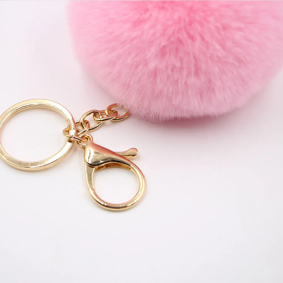 1pcs 8cm Fake Fur Brand Bag Keychain Pompom Car Keyring Gold Color Chains Pompons Fake Fox Rabbit Fur Charms Chain