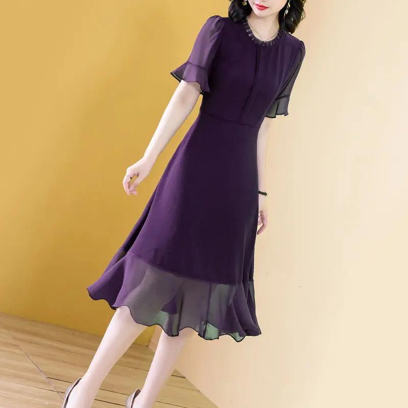

Deep purple round neck dress for women summer 2023 solid short sleeve temperament dress high-end chiffon long dress female tops