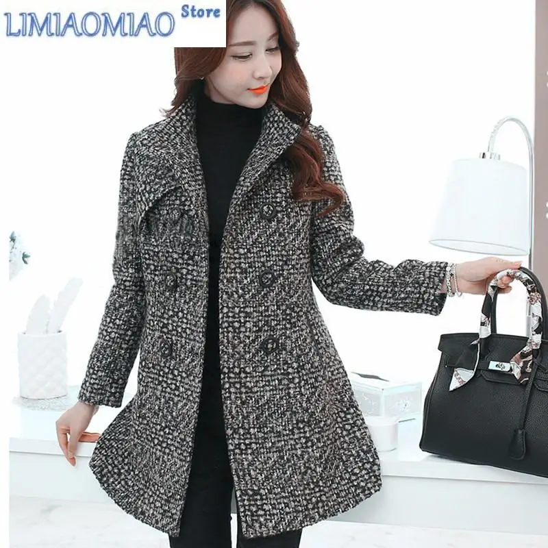 New Women's Wool Blends Coat Winter Autumn Fashion Elegant Mother Turtleneck Plaid Slim Long Tweed Woolen Outerwear Female