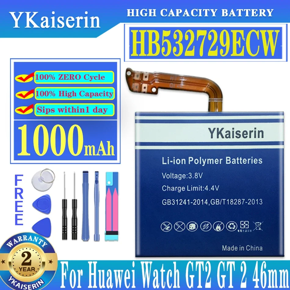 

Аккумулятор ykaisin 1000 мАч для смарт-часов Huawei Watch GT2 GT 2, 46 мм, аккумулятор HB532729ECW + Инструменты