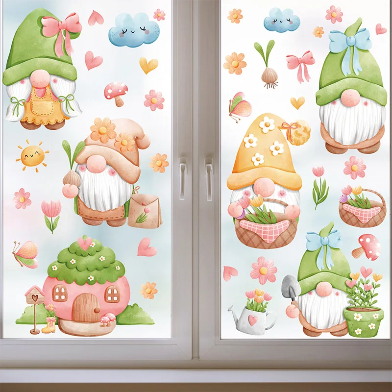 9 Sheets Spring Gnome Static Window Sticker Double Sided Faceless Doll Window Decals Stickers Party Supplies Home Decor