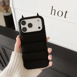 Chic 3D Devil Horns Down Jacket Phone Case - Cute Shockproof Soft Silicone Back Cover - iPhone 12 Pro Max (Black)