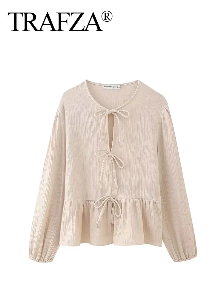 HH Women Fashion Bow Lace Up Shirt Y2k Elegant Pink Long Sleeve O Neck Shirts Summer Female Casual Chic Top Blouse