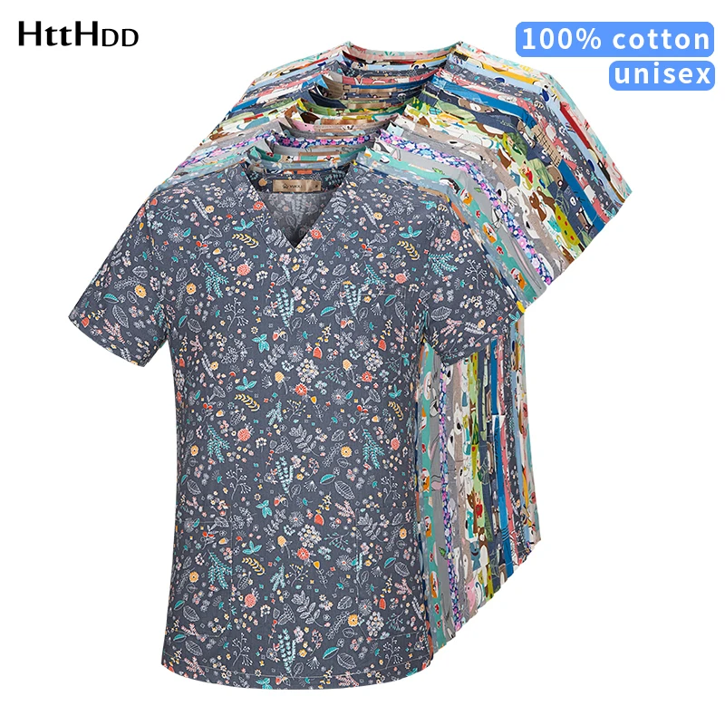 htthdd new cotton Floral plant printing nurse scrubs uniform beauty salon nursing uniform lab Scrub Work clothe