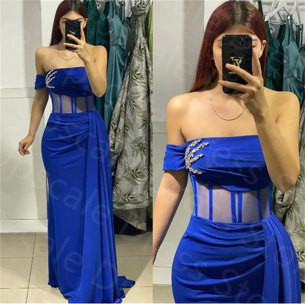 

Modern Simple Royal Blue Evening Dresses Strapless Beads Pleats Party Prom Dress Illusion Bone Bodice Long Dress فساتين السهرة