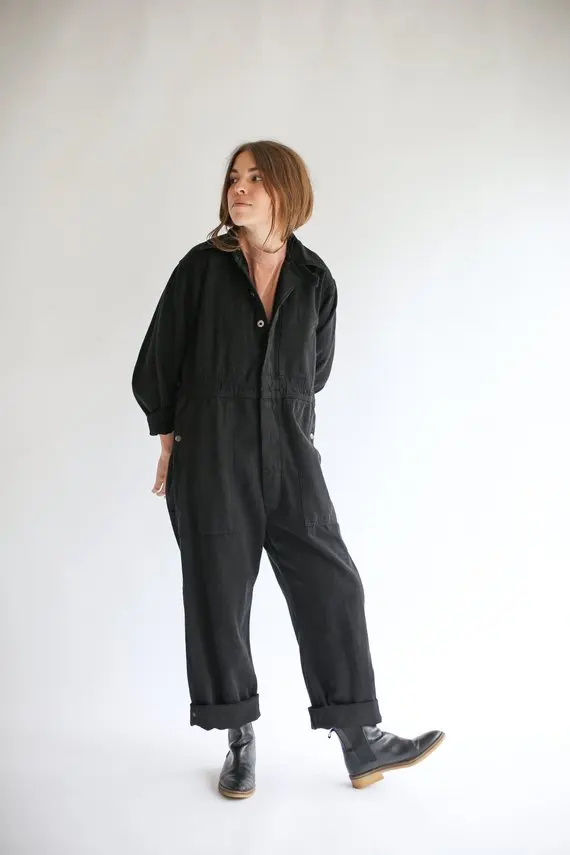 YUTU&MM Homemade women's clothing Black overalls jumpsuit short-sleeved trousers cotton casual pants loose straight-leg pants