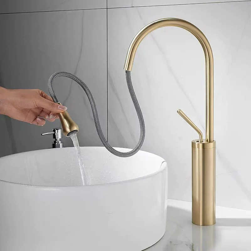 ก๊อกน้ำอ่างล้างหน้าแบบดึงออก สีทองขัดเงา ก๊อกผสมทองเหลือง ก๊อกน้ำอ่างล้างหน้าแบบก้านโยกเดี่ยว ก๊อกน้ำแบบรูเดียวสำหรับห้องน้ำ 1