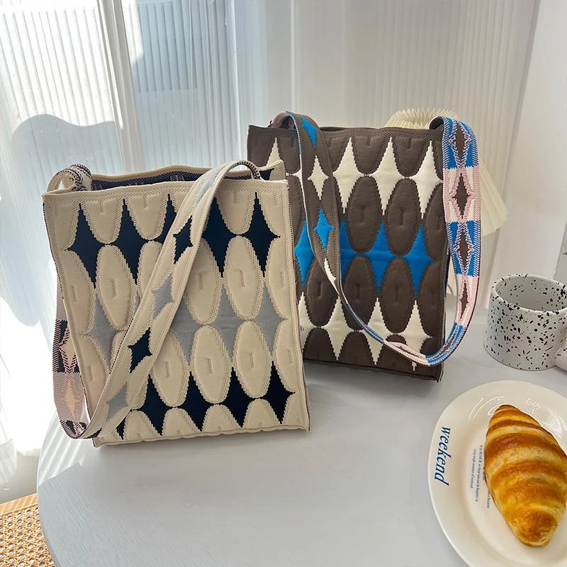 Tote Shoulder Bag Knitted Contrast Color Diamond Lattice Fashion Crossbody Bag Trendy Design Handbag Retro Style Bags for Women