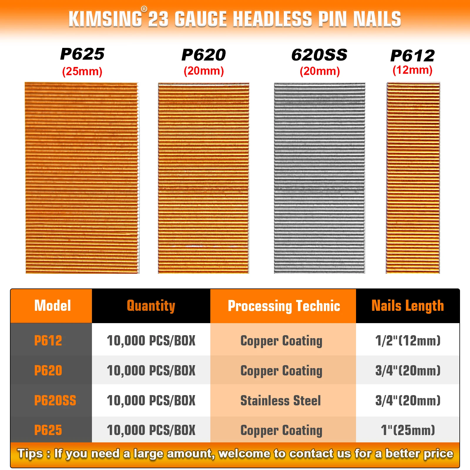 KIMSING P612 23 Gauge 1/2-inch Length Headless Pin Nails, Copper Coating, 10,000 PCS/BOX - View #5