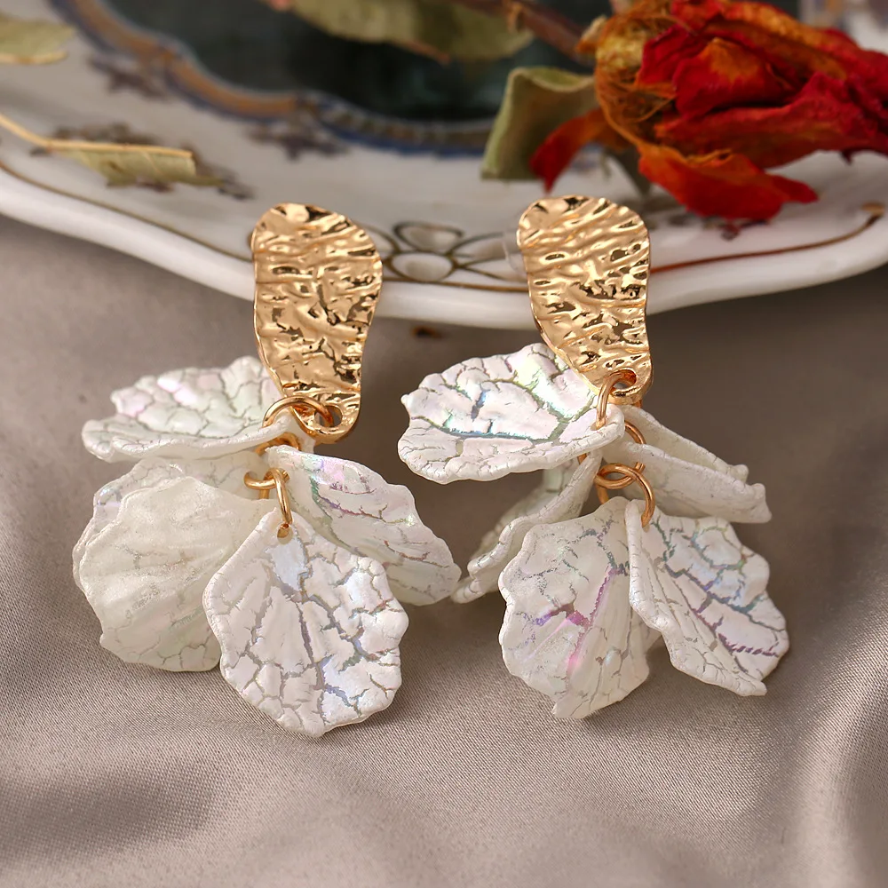 White Cracked Shell Flower Petal Earrings