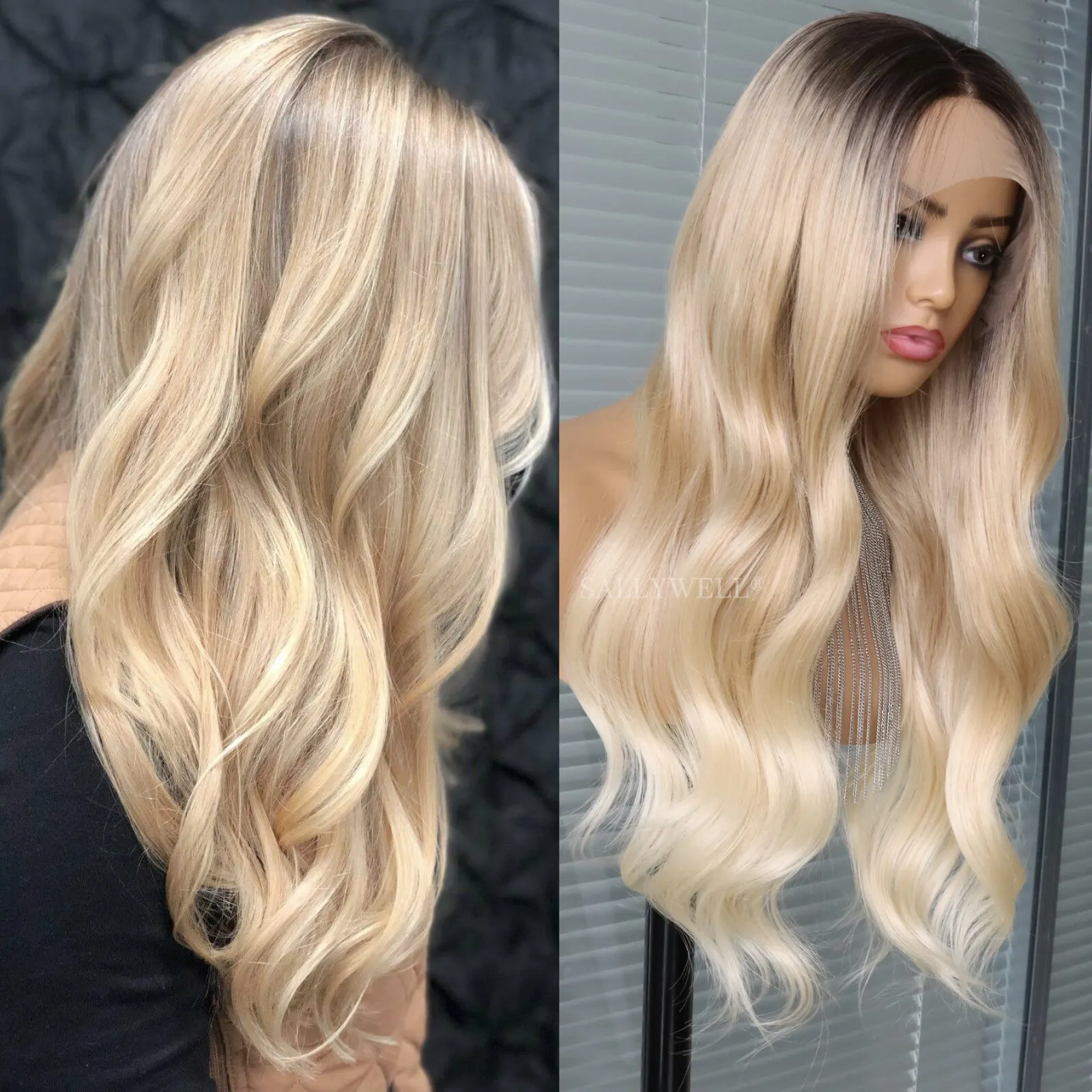 Ombre Blonde Synthetic Lace Front Wig for Women Long Wavy Black to Light Brown Body Wave Wigs Pre Plucked Heat Resistant