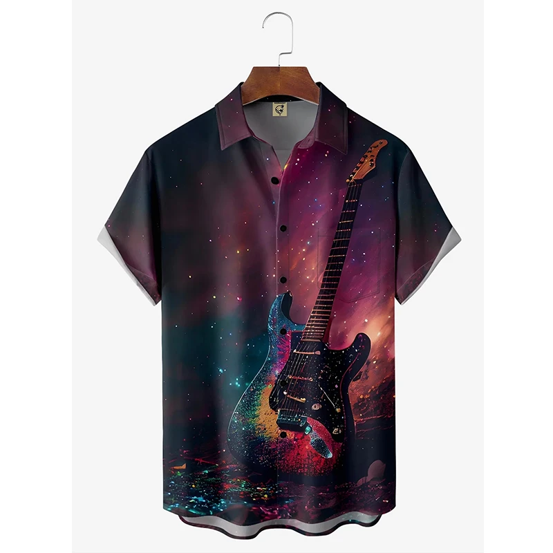 Hawaii Beach Shirt Men's Quick Dry Summer Short Sleeve Guitar Print Harajuku Casual Blouse Street Korean Clothes 2024 Camisa 4XL 3