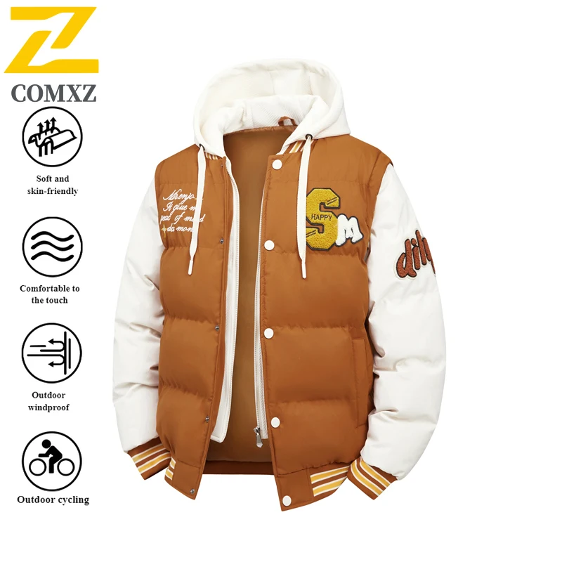 COMXZ ​Men's Winter Detachable Sleeves Jacket Hooded Windproof Puffer Coat Convertible Vest Thickened Parka Workwear​