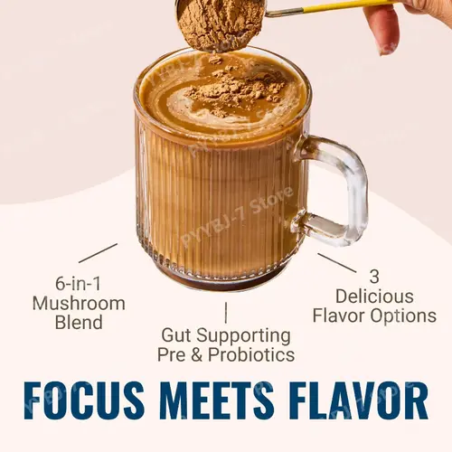 Organic Mushroom Complex Powder with Acacia Gum Stevia Cacao for Sustained Focus Energy Immunity Prebiotics & Probiotics 168g - Image 4