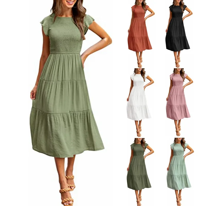 

2023 Women's Summer Fashion Flying Sleeves Ruched Layered Short Sleeves Swing Dress Casual Commuter Party Elegant Dresses Lady