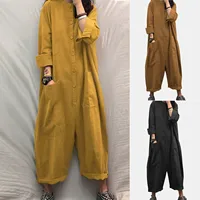 Women Jumpsuit 2024 Female Oversized Romper Autumn Loose Pockets Overalls Casual Solid Stand Collar Bottom - Image 2