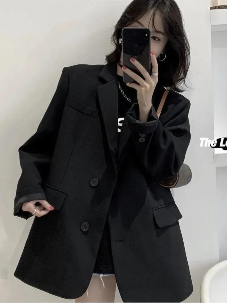 캐주얼 퓨어 컬러 봄 블레이저 노치드 칼라 긴 소매 재킷 여성용, 느슨한 패션, 가을
