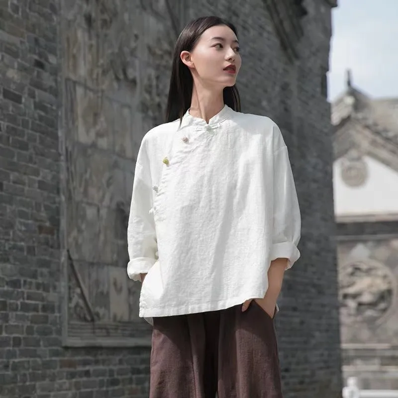 New Chinese Style Women's Tang Suit Traditional Clothes Ethnic Long Sleeve Vintage Top Hanfu Ladies Linen Clothing For Women 2XL