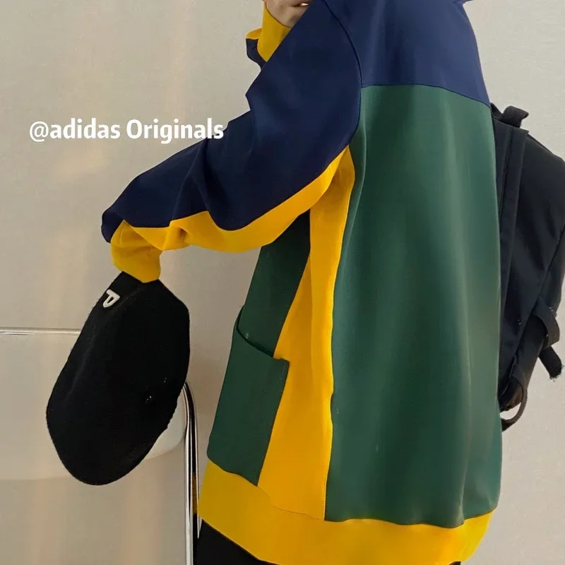 Adidas Hoodies Women Versatile Color Splicing Style Outdoor Sports Oversize Round Neck Sweatshirts Green/Yellow/Blue