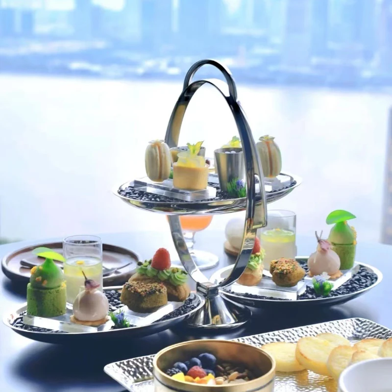 Luxury Double-layer Folding Dessert Plate Silver Cupcake Tray Cake Stands Stainless Steel for Home Decr Desktop Decoration 3
