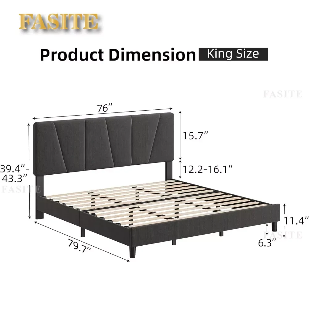 Bed Frame with Adjustable Headboard,Linen Upholstered Platform with Strong Wooden Slats,Mattress Foundation,No Box Spring Needed