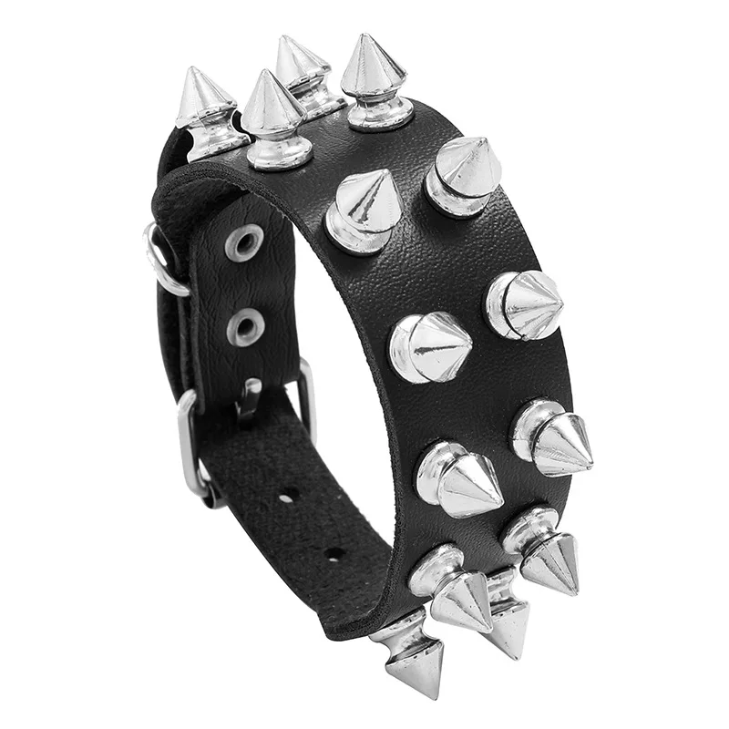 Personality Hip Hop Men Spiked Rock Bracelet Women Vintage Punk Cosplay Black PU Leather Wrap Bracelet Bracelet Jewelry