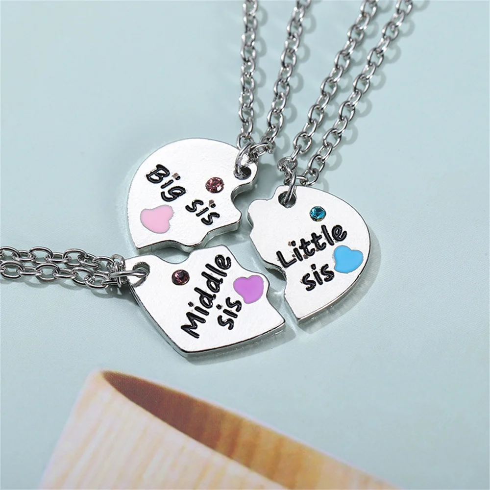 3Pcs Big Mid Lil Sister Pendant Necklace for Women Hollow Heart
